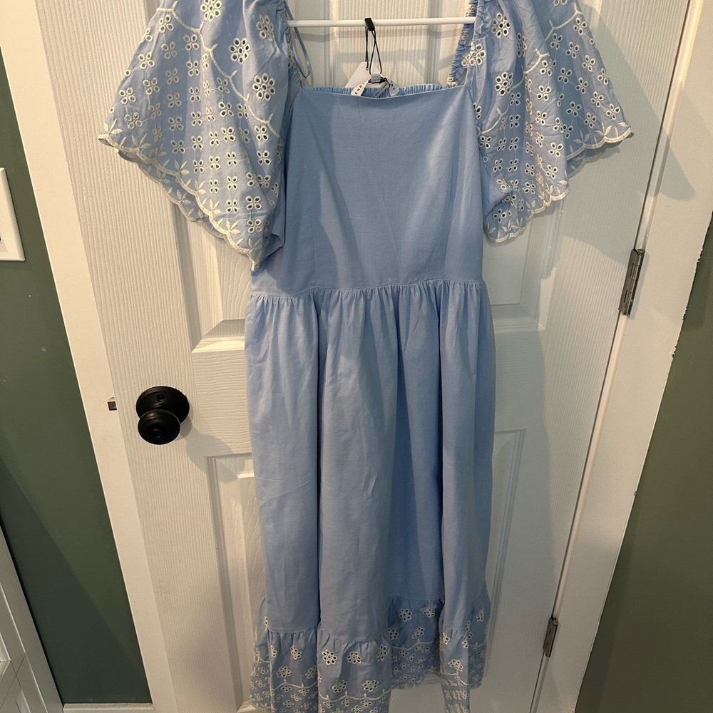 English Factory Blue Midi Dress with White Floral Details